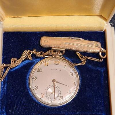Lot 104: Working Hamilton 14k Gold Filled Pocket Watch/Knife