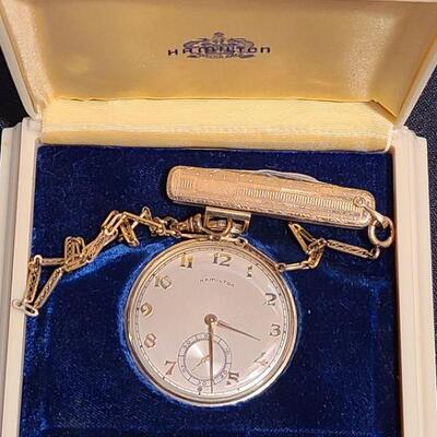Lot 104: Working Hamilton 14k Gold Filled Pocket Watch/Knife