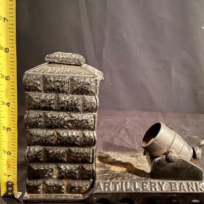 Lot 12: Artillery Cast iron bank and more 