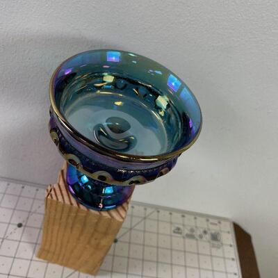 #205 Blue Carnival Glass Compote 
