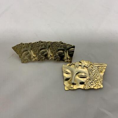 .184. Gold Tone Faces | Brooch | Hair Clip