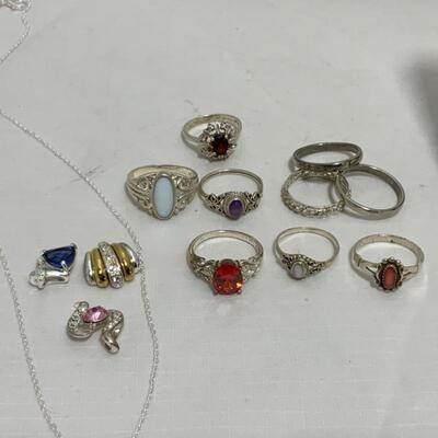 .192. STERLING | Nine Rings | Chain & Three Pendants | 21g