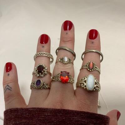 .192. STERLING | Nine Rings | Chain & Three Pendants | 21g