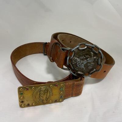 .207. VINTAGE | Two Leather Belts with Buckle | Horse | Lion