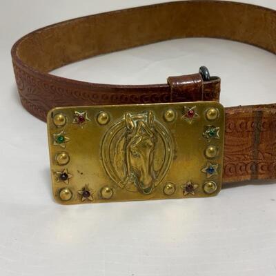 .207. VINTAGE | Two Leather Belts with Buckle | Horse | Lion