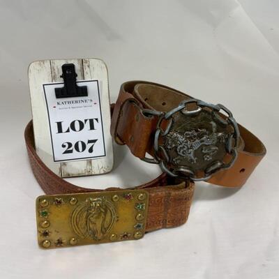 .207. VINTAGE | Two Leather Belts with Buckle | Horse | Lion