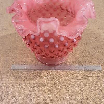 Fenton Ruffle Top Pink Hobnail Milk Glass Vase