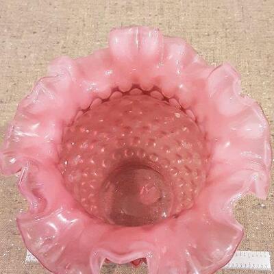 Fenton Ruffle Top Pink Hobnail Milk Glass Vase