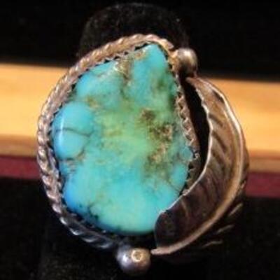 LOT 22  LADIES STERLING & TURQUOISE NAVAJO RING BY M. BEGAY