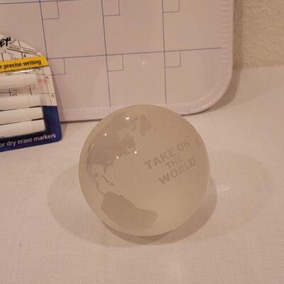 Lot 60:  New Dry Erase Calendar and Markers and Take on the World Paperweight 