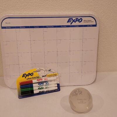 Lot 60:  New Dry Erase Calendar and Markers and Take on the World Paperweight 