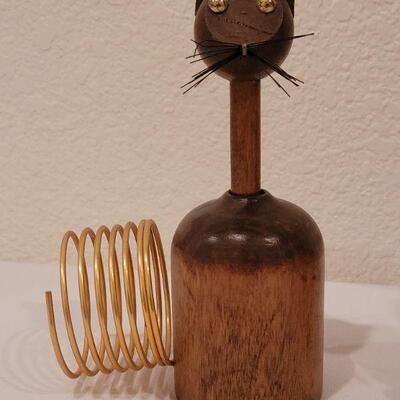 Lot 103: Vintage Mid Century Wood Letter Holder & Pen Cat, Wood Cat And Ceramic Siamese Cat 