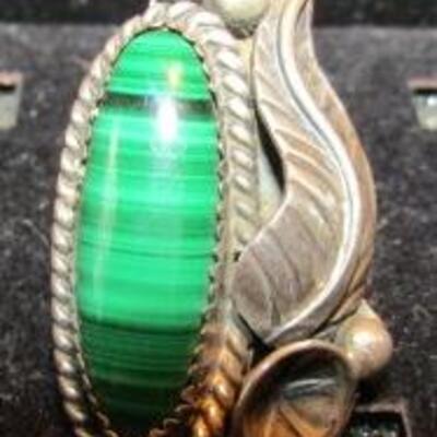 LOT 29  LADIES SIGNED STERLING & MALACHITE RING