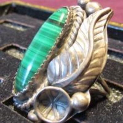 LOT 29  LADIES SIGNED STERLING & MALACHITE RING