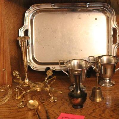 Lot 89 Multi-Metals Platter, Sugar, Cream, Bell, Misc.