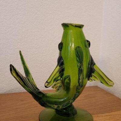 Lot 137: Pair of (2) Vintage Green Glass Fish Glass Creations 
