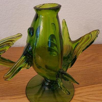 Lot 137: Pair of (2) Vintage Green Glass Fish Glass Creations 