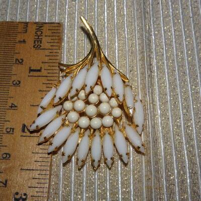 MCM White Milk Glass & Bead Accent Flower Pin Brooch 