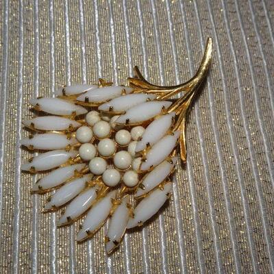 MCM White Milk Glass & Bead Accent Flower Pin Brooch 