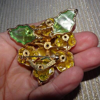 Yellow Flower Rhinestone Brooch, Plastic (Glass Like)