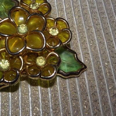 Yellow Flower Rhinestone Brooch, Plastic (Glass Like)