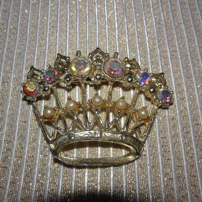 Silver Tone Pearl & Aurora Borealis Rhinestone Royal Crown Brooch 