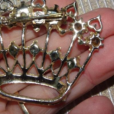 Silver Tone Pearl & Aurora Borealis Rhinestone Royal Crown Brooch 