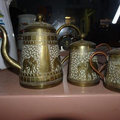 Brass Bohemian Style Coffee Pot, Creamer & Sugar 
