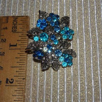 Blue & Smokey Silver Tone Rhinestone Brooch 