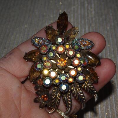 Amber & Brown Rhinestone Brooch 