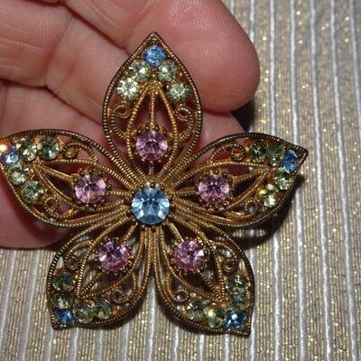 Vintage Star Flower Brooch, Gold Tone