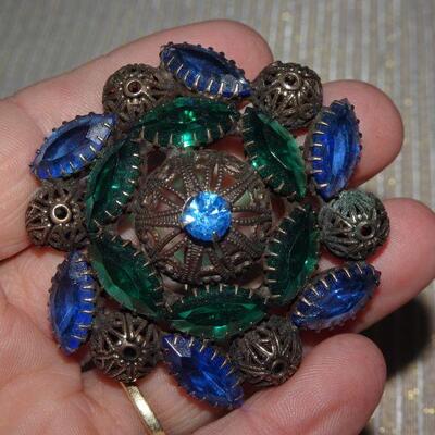 Blues & Green Round Swirl Leaves Brooch MCM 