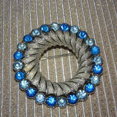 Silver Tone Blue Rhinestone Brooch 