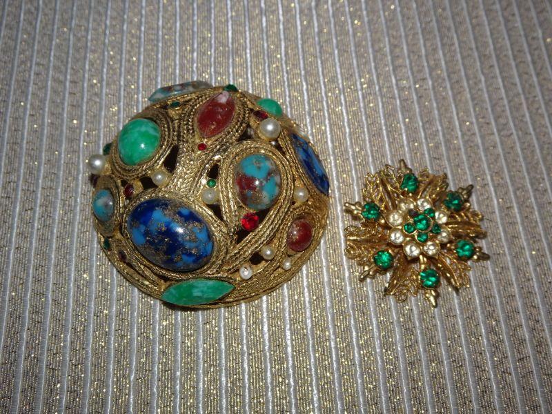 2 Gold Tone & Rhinestone & Stone Brooches, Missing Stones, Needs REpair