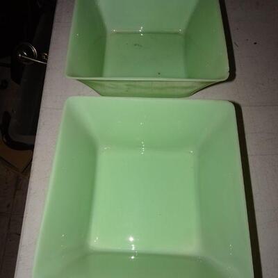 2 Green Jadeite Colored Square Bowls 