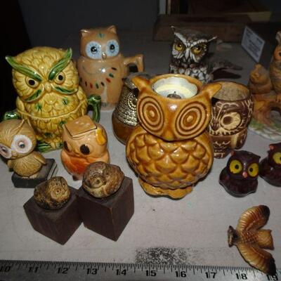 Huge Hooter Owl Collection Creamers, Teapot, Candle Holder Figures 