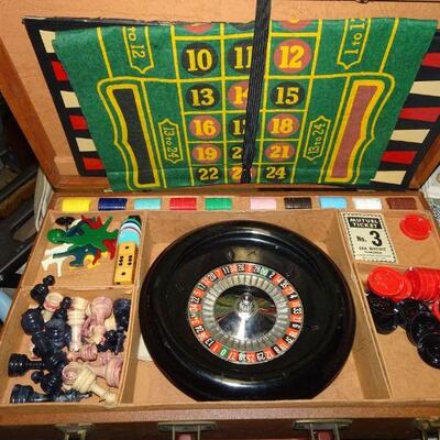AMAZING Mid Century Game Suitcase - Roulette Wheel, Checkers, Chess, Horse Racing and more! 