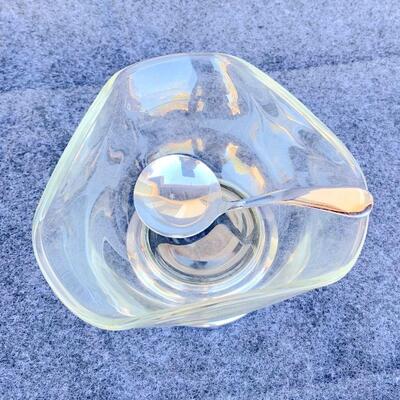 LOT 46  MCM VINTAGE CLEAR GLASS SAUCE BOWL W/SILVER TONE BASE & SPOON.  