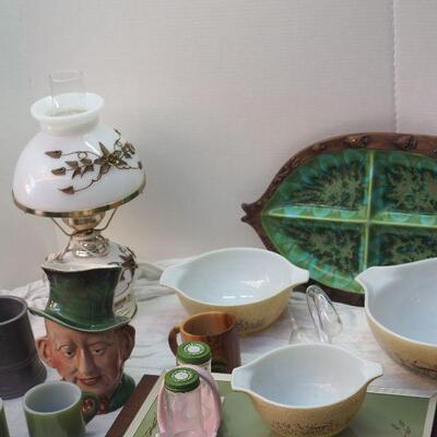 Lot 48 Tobys, MCM Fish platter, Vintage table lamp brass overlay 1960s heat tray