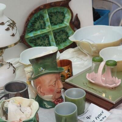 Lot 48 Tobys, MCM Fish platter, Vintage table lamp brass overlay 1960s heat tray