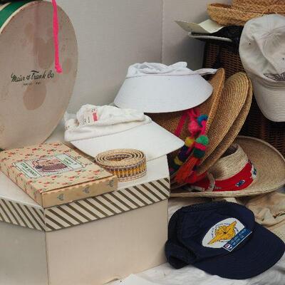Lot 56 hats, hat boxes ( empty) Rafia hat band material, Sturdy woven brown bin