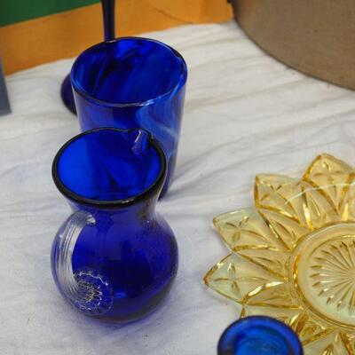 Lot 58 Collectibles #2 Crock, Vintage shoe horns, Carved large Designer glass bowl, Silver plate