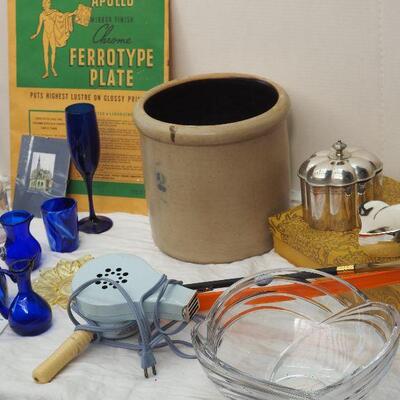 Lot 58 Collectibles #2 Crock, Vintage shoe horns, Carved large Designer glass bowl, Silver plate