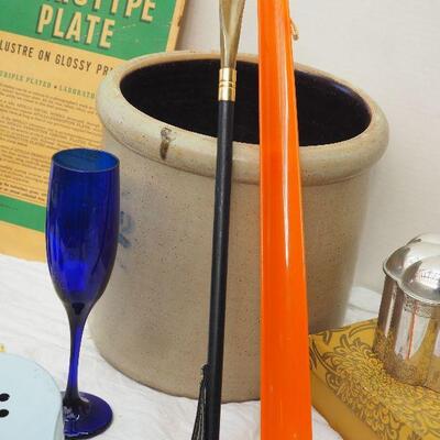 Lot 58 Collectibles #2 Crock, Vintage shoe horns, Carved large Designer glass bowl, Silver plate