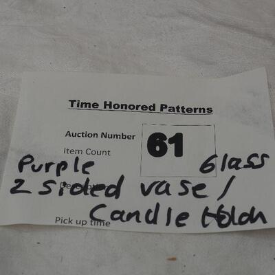 Lot 61 , 17 inch Amethyst glass mid century double sided  vase/ Candleholder