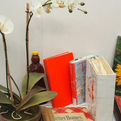 Lot 62,  Vintage Kitchen Cookbooks, Silk flowers, 