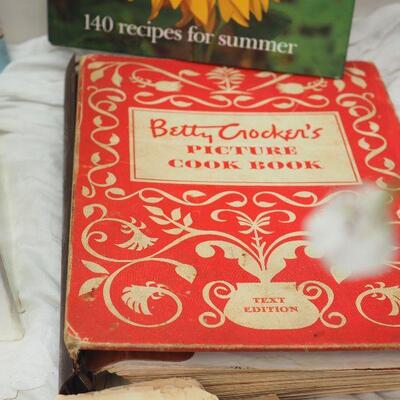 Lot 62,  Vintage Kitchen Cookbooks, Silk flowers, 