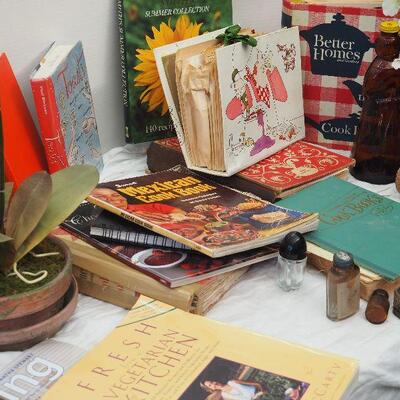 Lot 62,  Vintage Kitchen Cookbooks, Silk flowers, 