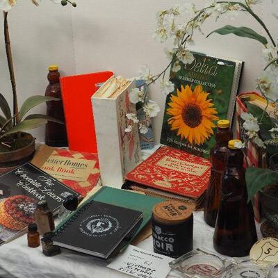 Lot 62,  Vintage Kitchen Cookbooks, Silk flowers, 