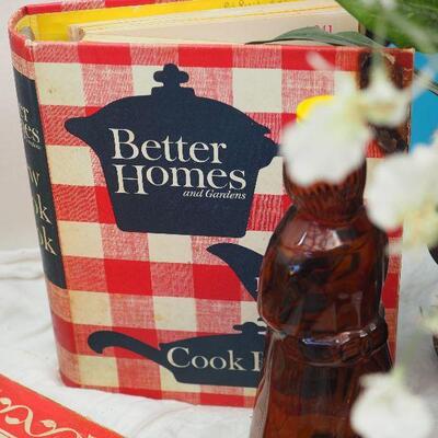 Lot 62,  Vintage Kitchen Cookbooks, Silk flowers, 